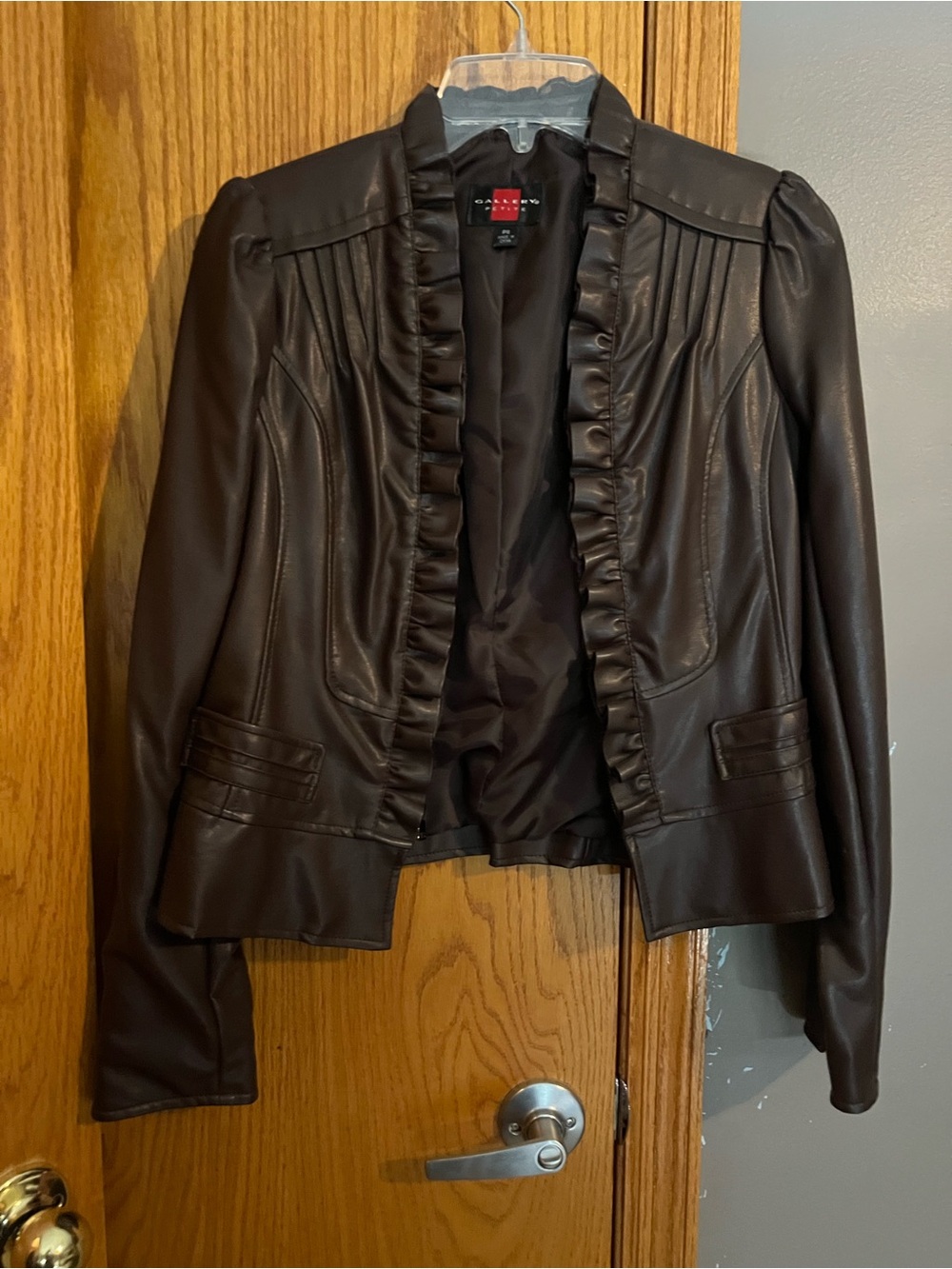 Calvin Klein Dark Brown Faux Leather Ruffle-Trim Jacket